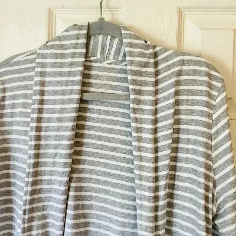 LL Bean Top Large White Open Cardigan Striped Shawl NecK Supima Cotton Sz Large - Picture 2 of 6